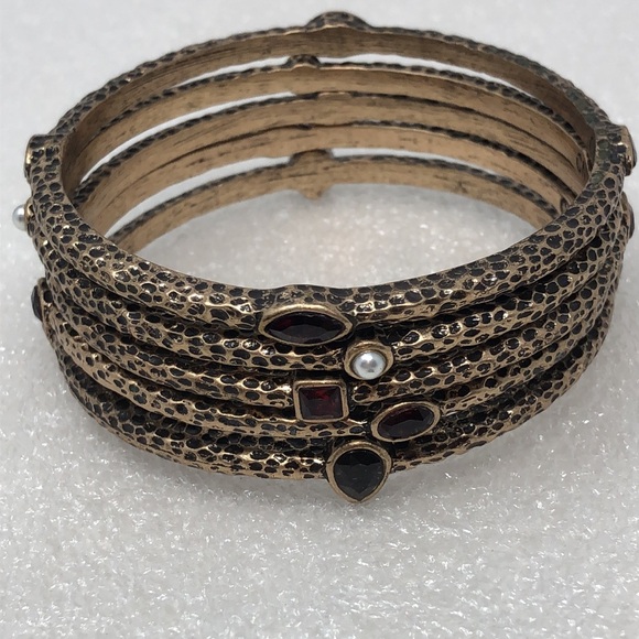 Vintage Bracelet Brass Tone Gemstone Bangle Set - Picture 5 of 9